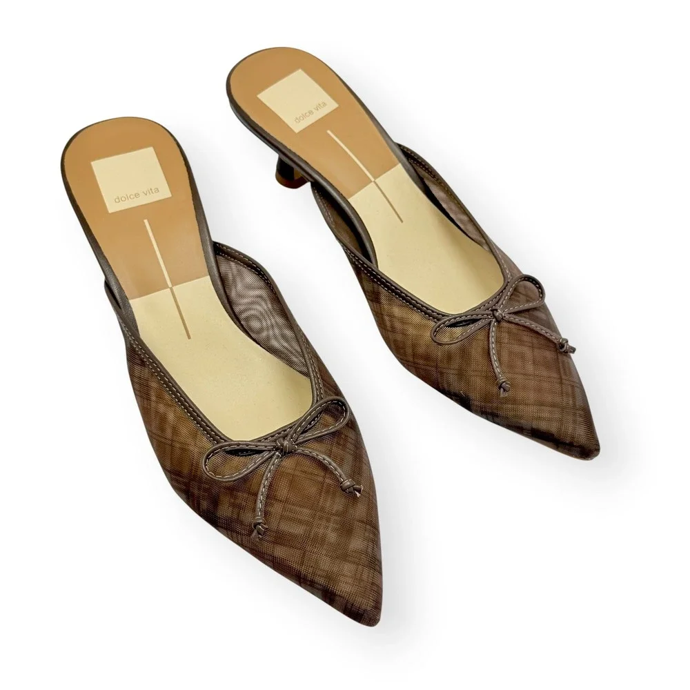 NIB Dolce Vita Cleo Mesh Kitten Heel 7M Cognac/Plaid Bow Academia Anthropologie